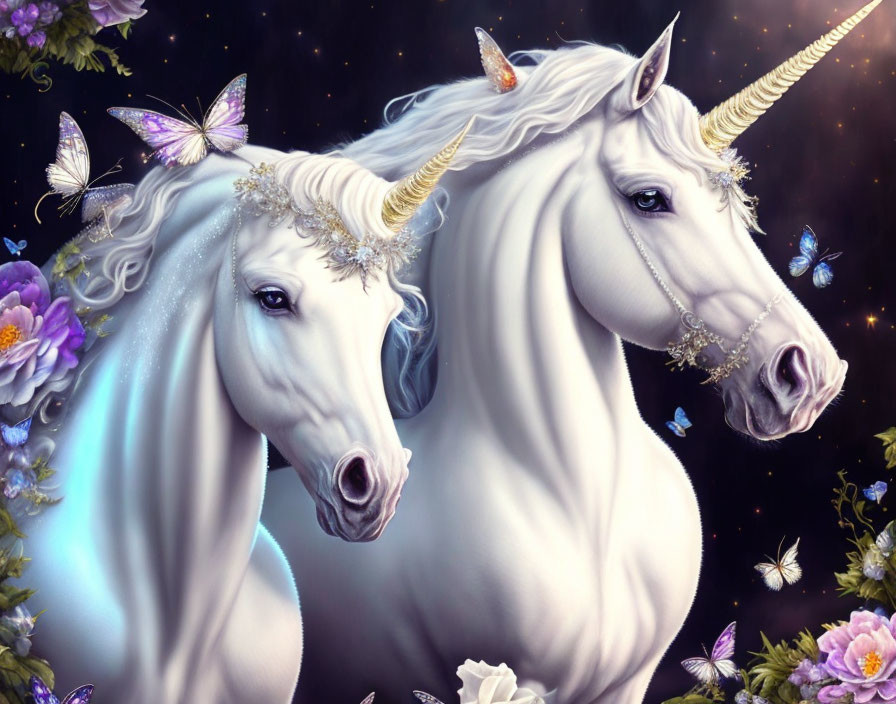 Majestic unicorns with shimmering horns in a starry scene