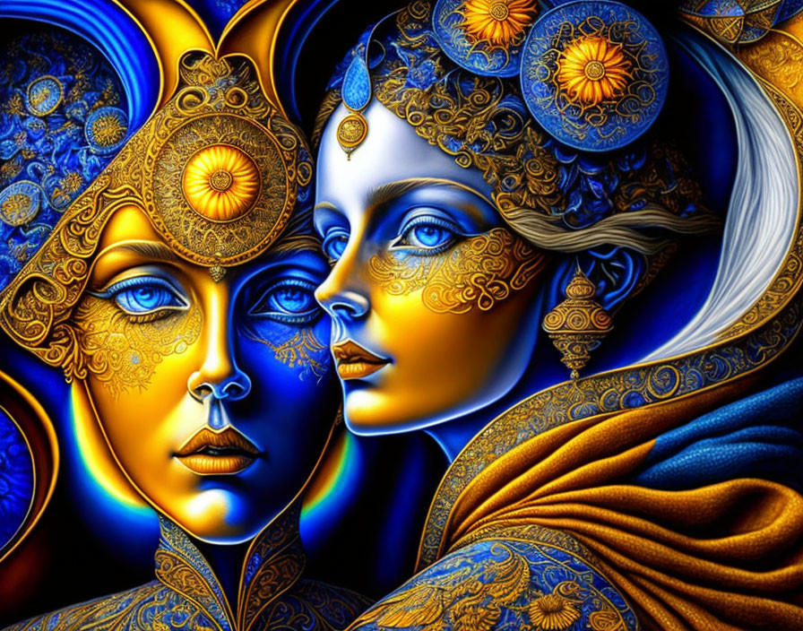 Symmetrical digital artwork of adorned faces in blue and gold