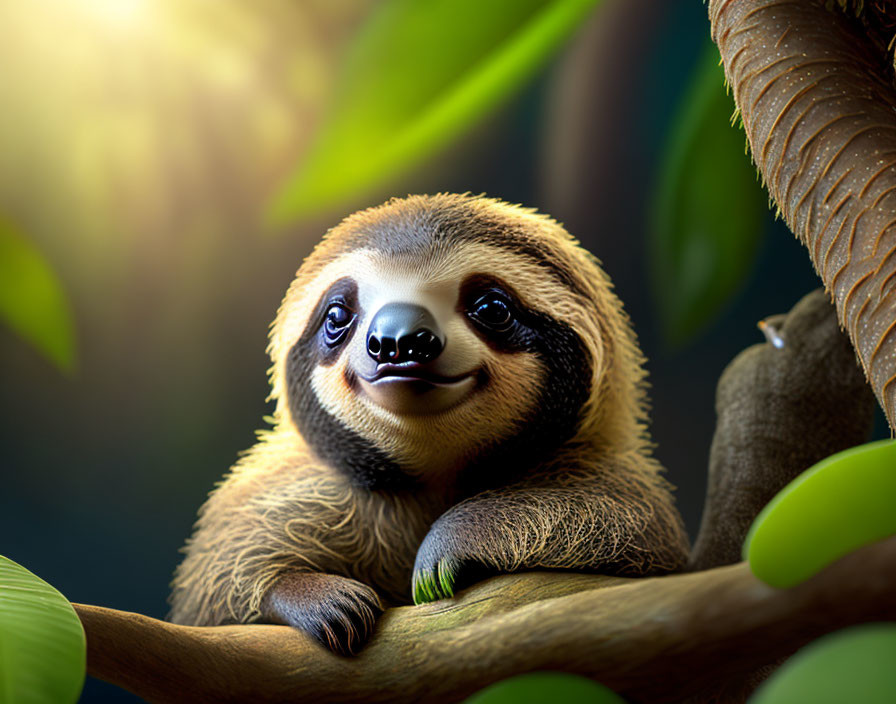 Smiling sloth with glossy nose in lush forest