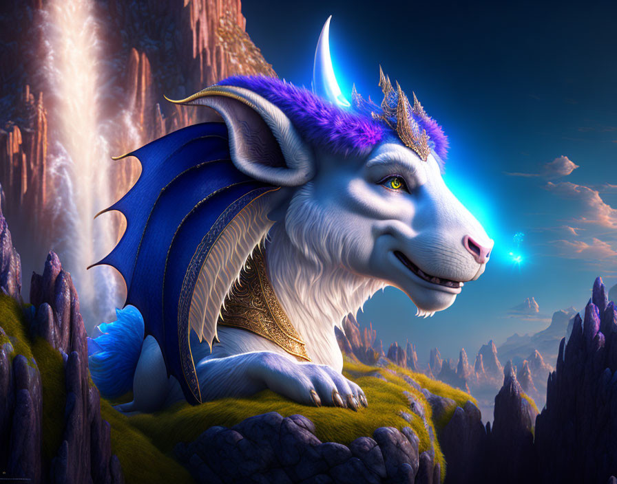 Blue-scaled dragon-goat hybrid in fantastical landscape