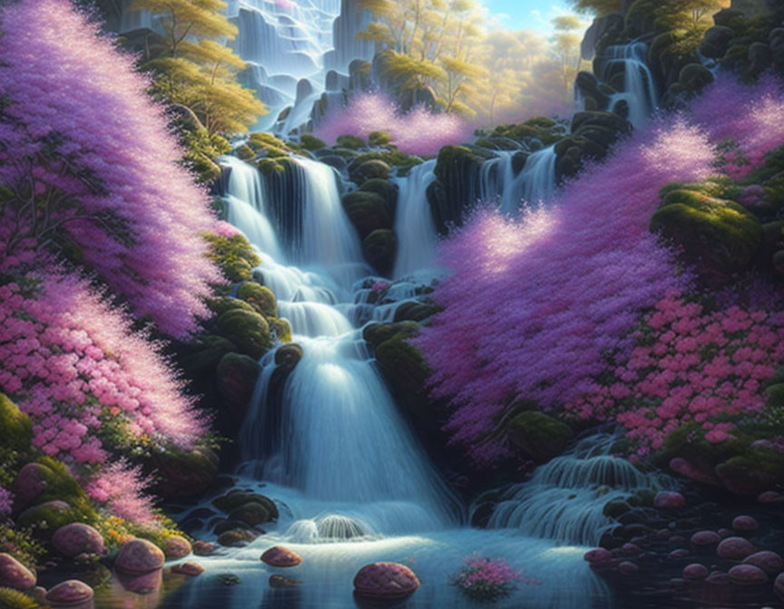 Tranquil fantasy landscape with pink cherry blossoms and waterfalls