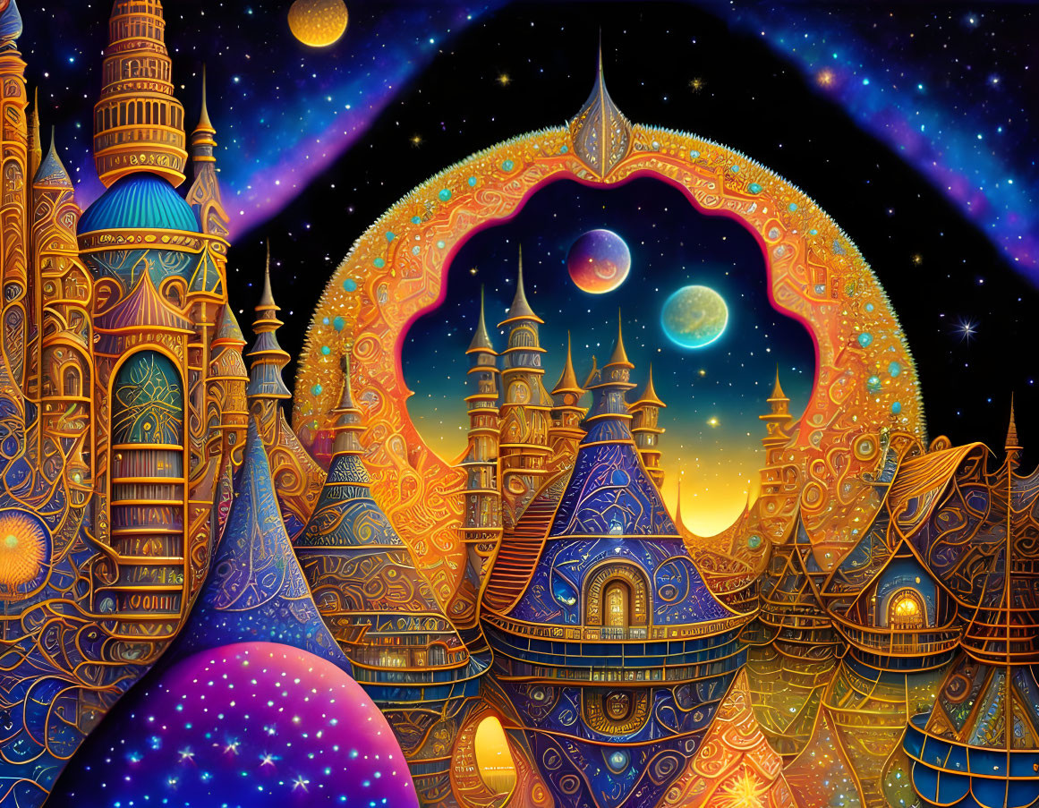 Golden fantasy cityscape under starry sky with planets and moon silhouette