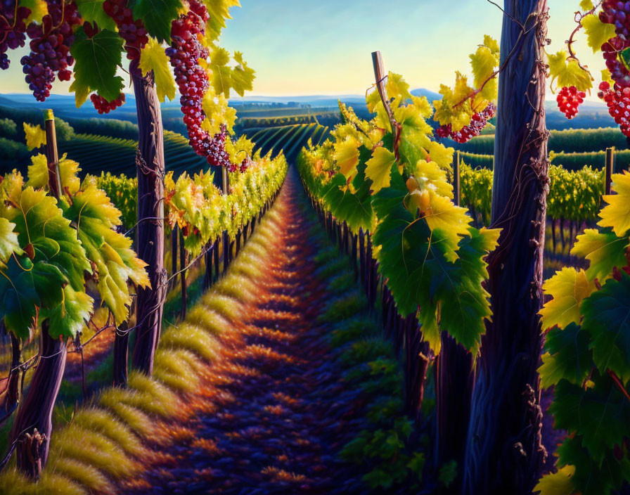 Picturesque Vineyard Sunset with Ripe Grapes