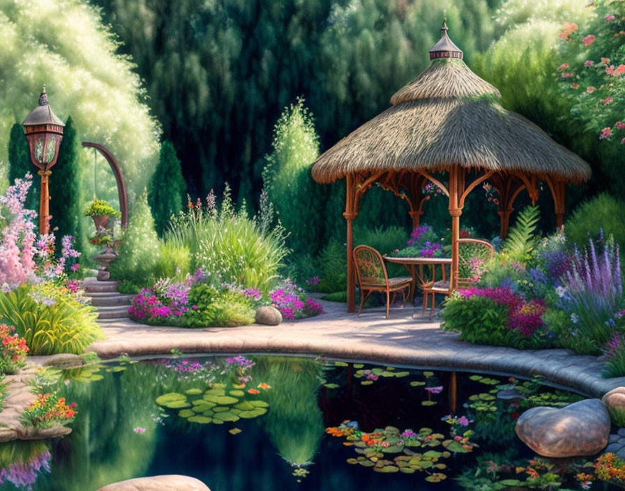 Tranquil garden with thatched gazebo, pond, flowers, and lamp post