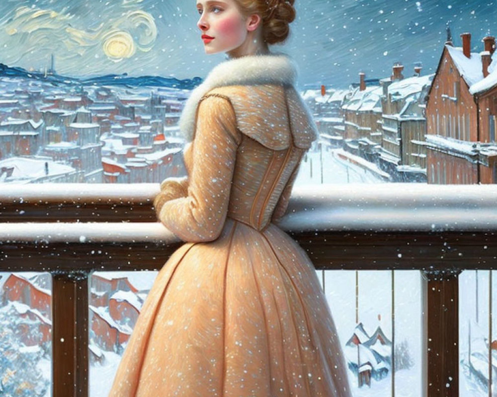 Vintage Peach Dress and Starry Sky Over Snowy Town Balcony View