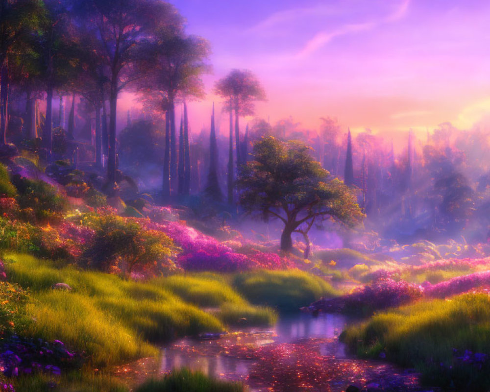 Tranquil landscape with meandering stream and vibrant purple flowers