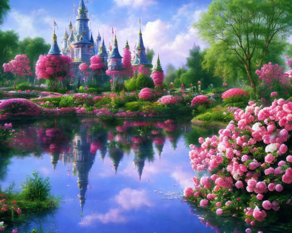 Majestic fairytale castle in lush garden with pink blossoms