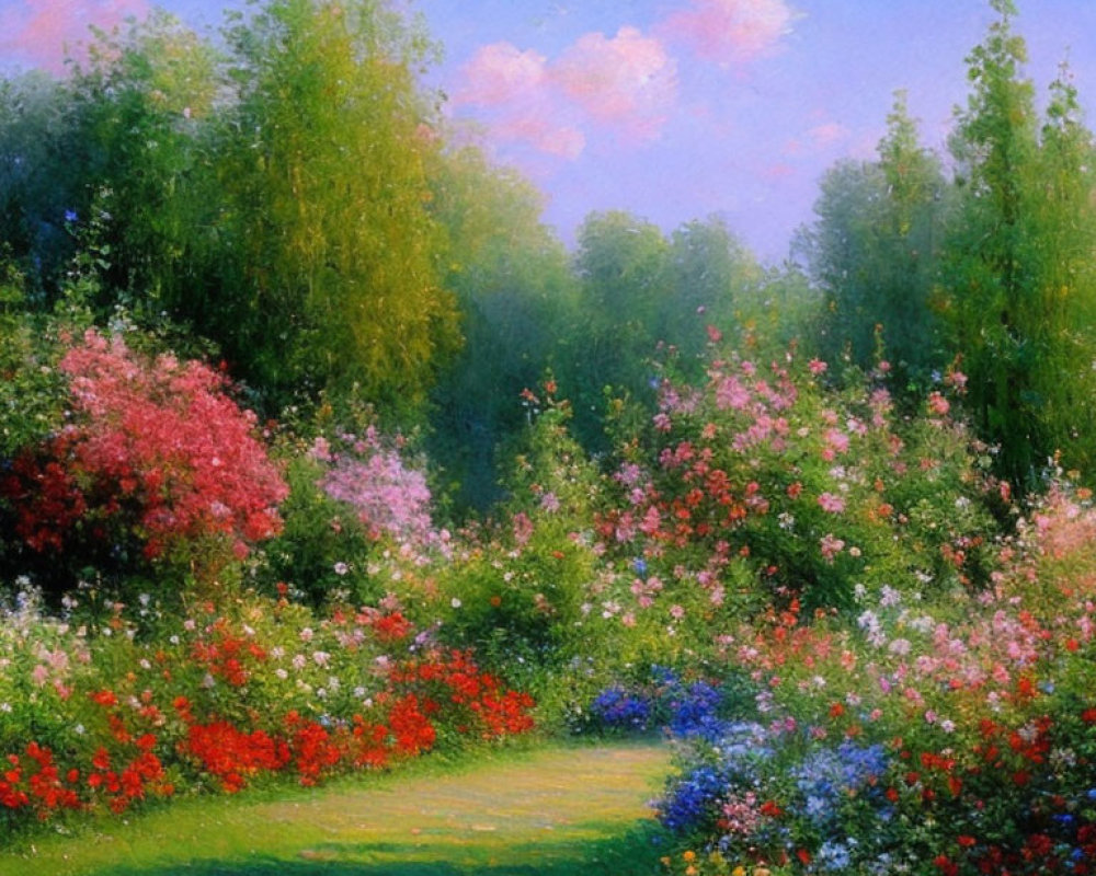 Colorful garden painting with lush trees and blooming flowers under a sunny sky