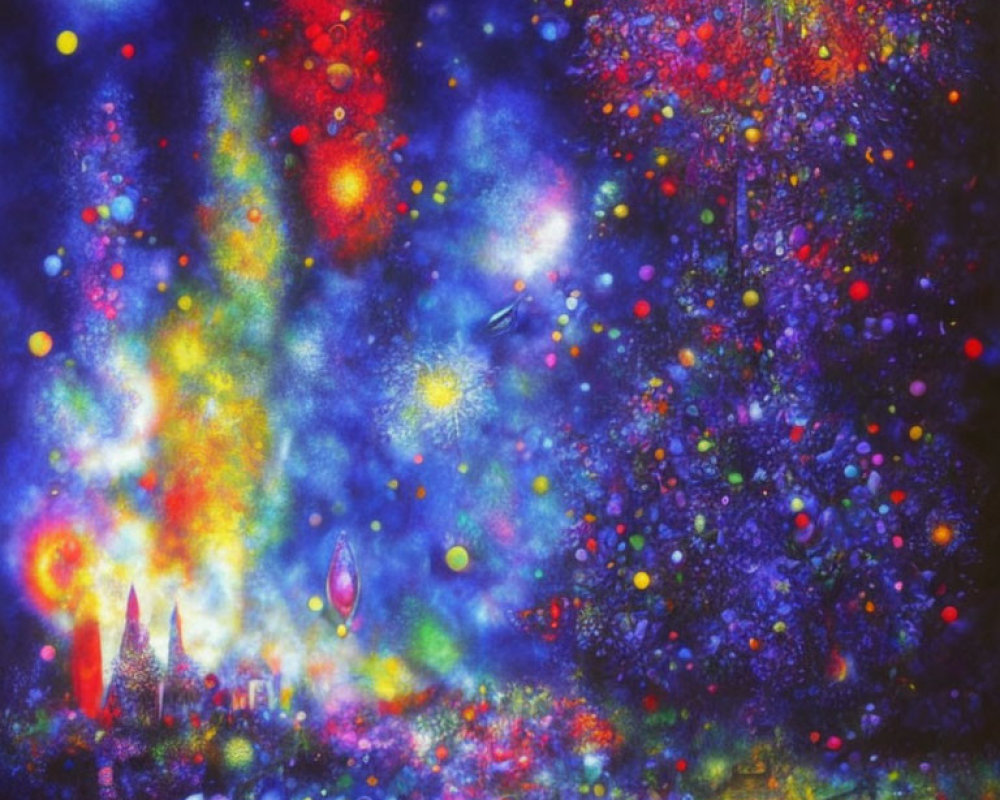 Colorful Abstract Cosmic Scene with Celestial Bodies and Fantastical Elements