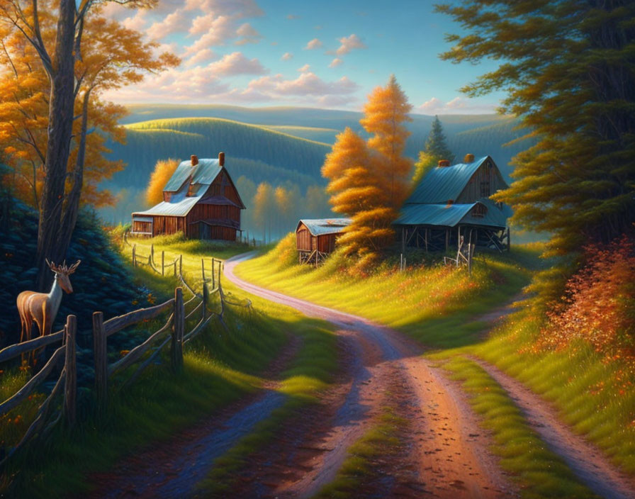 Scenic rural sunset landscape with dirt road, fences, deer, and farmhouses.