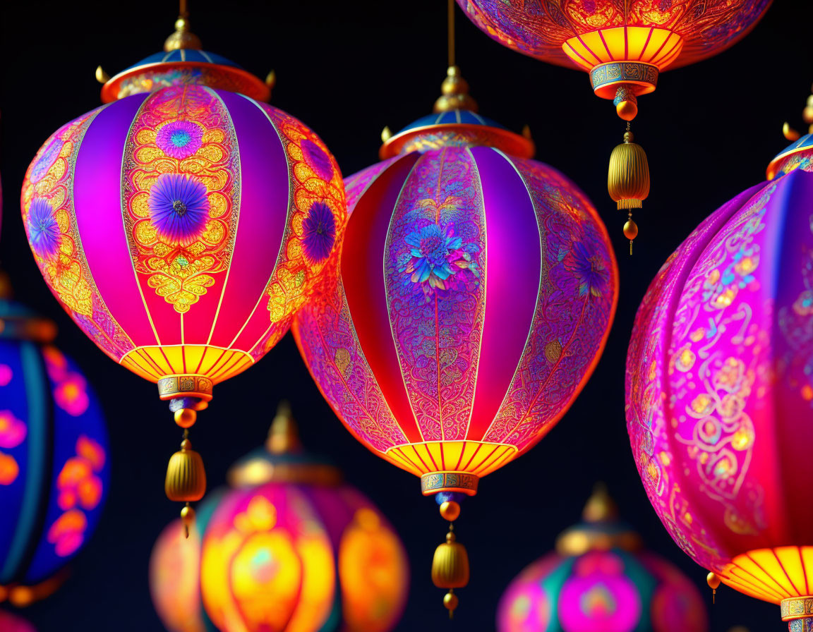 Colorful Chinese Lanterns Illuminated on Dark Background