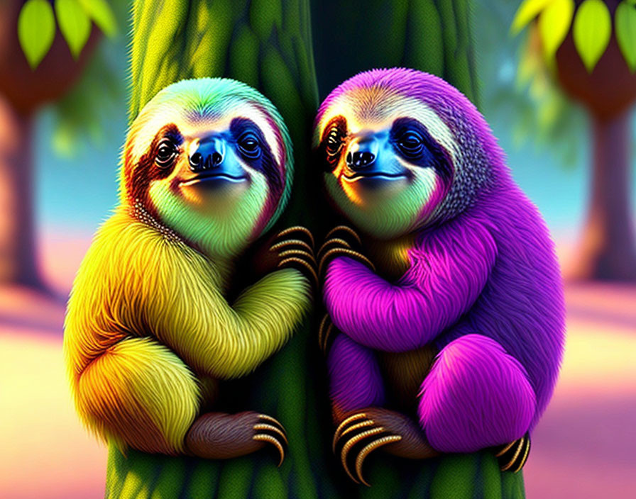 Colorful Sloths Hugging Tree in Vibrant Image