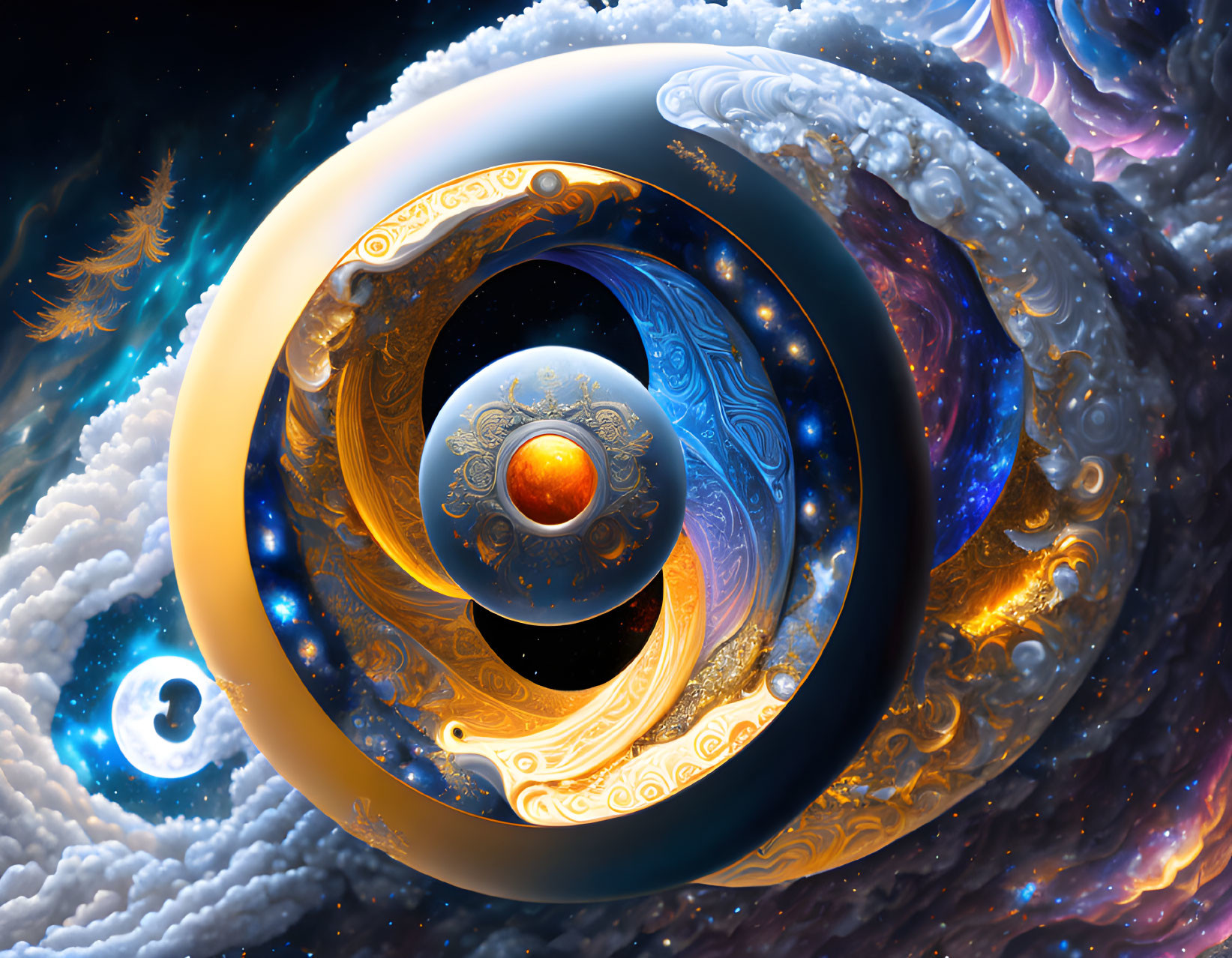 Colorful cosmic yin-yang illustration with celestial elements.