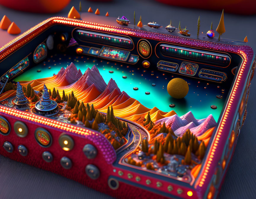 Colorful 3D Fantasy Landscape Resembling Pinball Machine