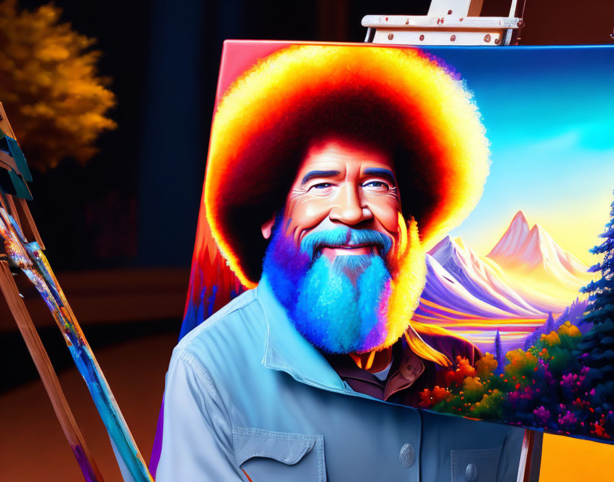 Colorful Portrait: Smiling Man with Beard and Afro Painting Landscape