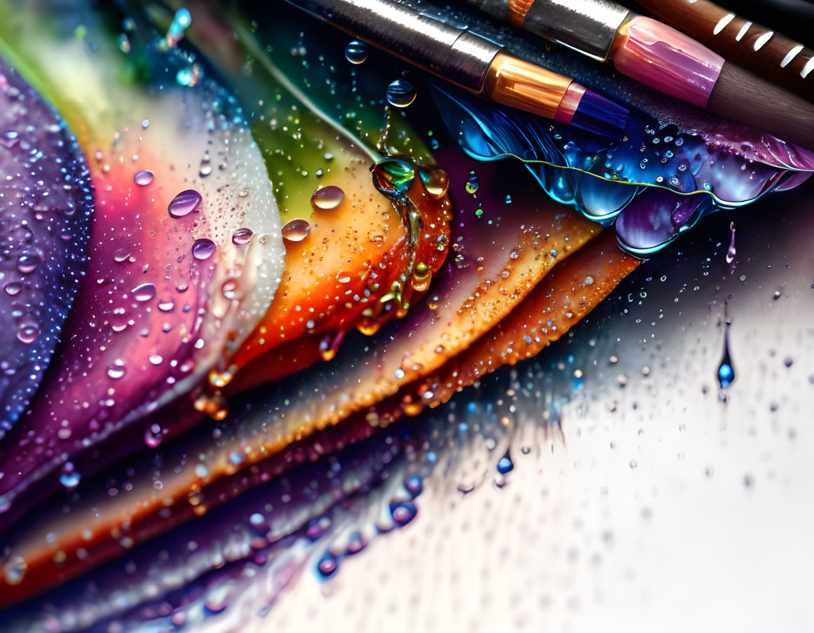 Close-up of Colorful Painting with Water Droplets and Paintbrushes blending Colors