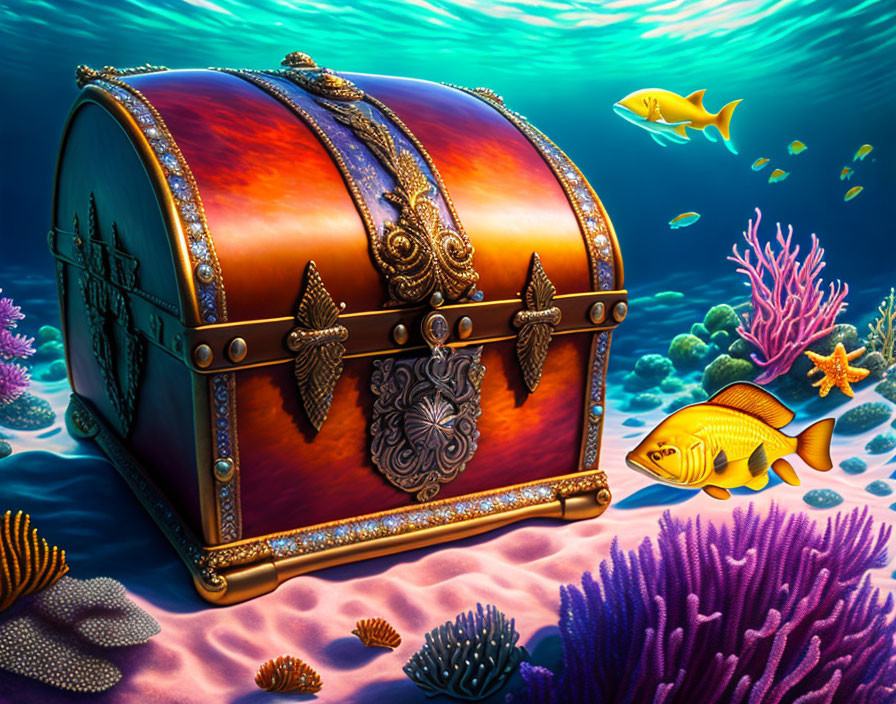 Ornate treasure chest on ocean bed with coral and fish