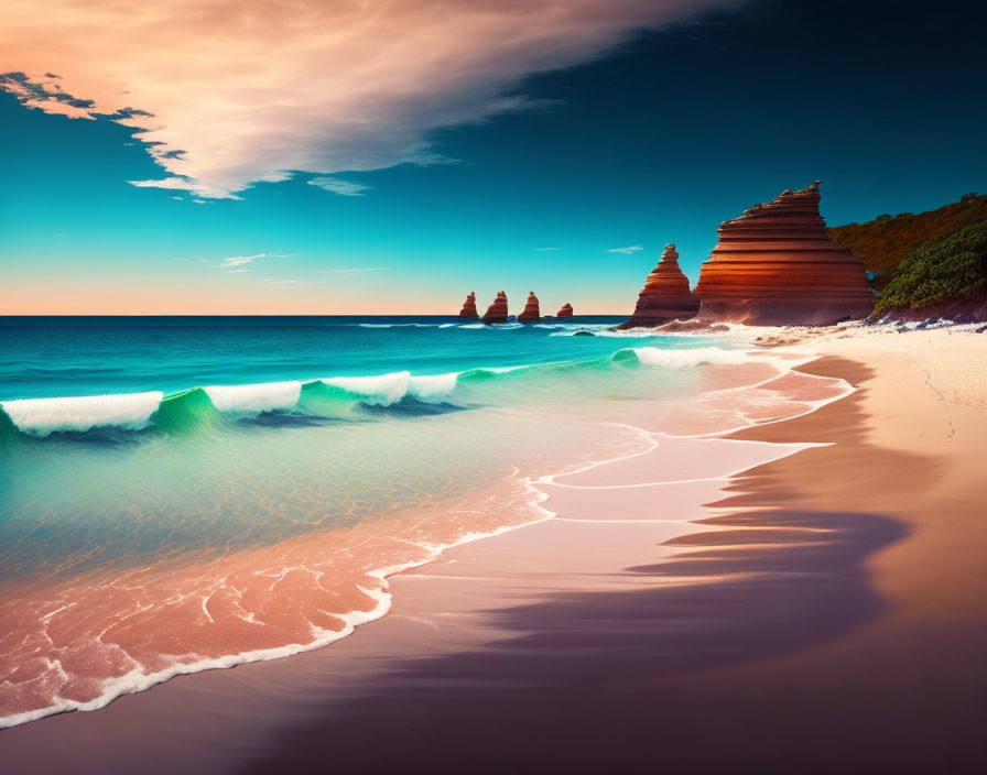 Scenic beach with turquoise waves, white foam, and unique rock formations at sunset