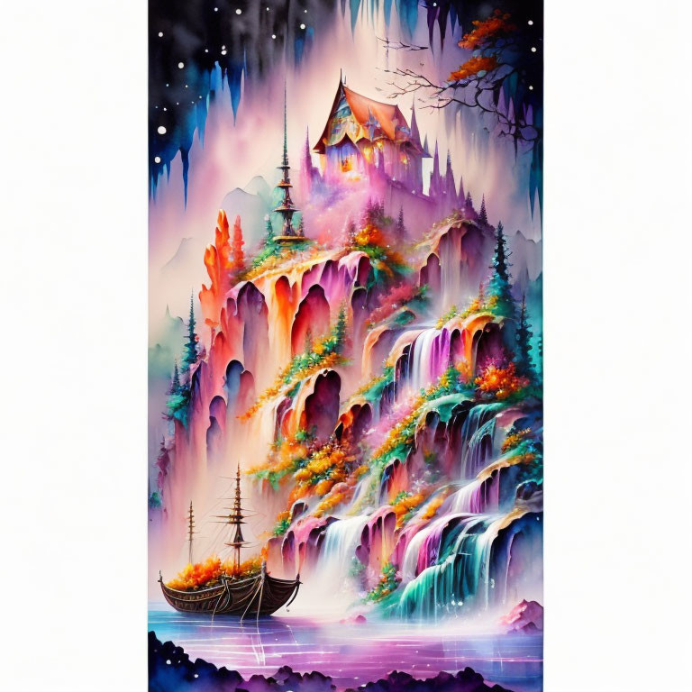 Fantasy landscape with waterfalls, luminous trees, sailing ship, starlit sky, and cliff