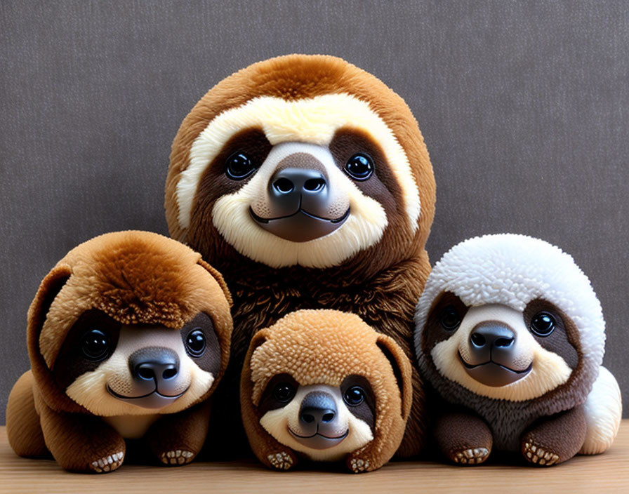 Four Plush Sloth Toys with Sparkling Eyes in Size Order