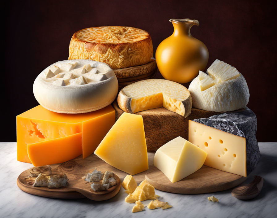 Assorted cheeses on wooden board with small jug on dark background