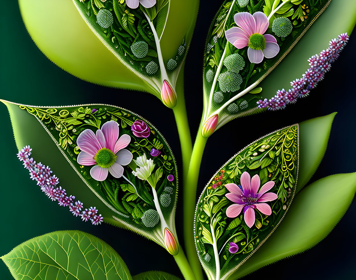 Stylized green leaves with pink and white floral patterns on dark backdrop