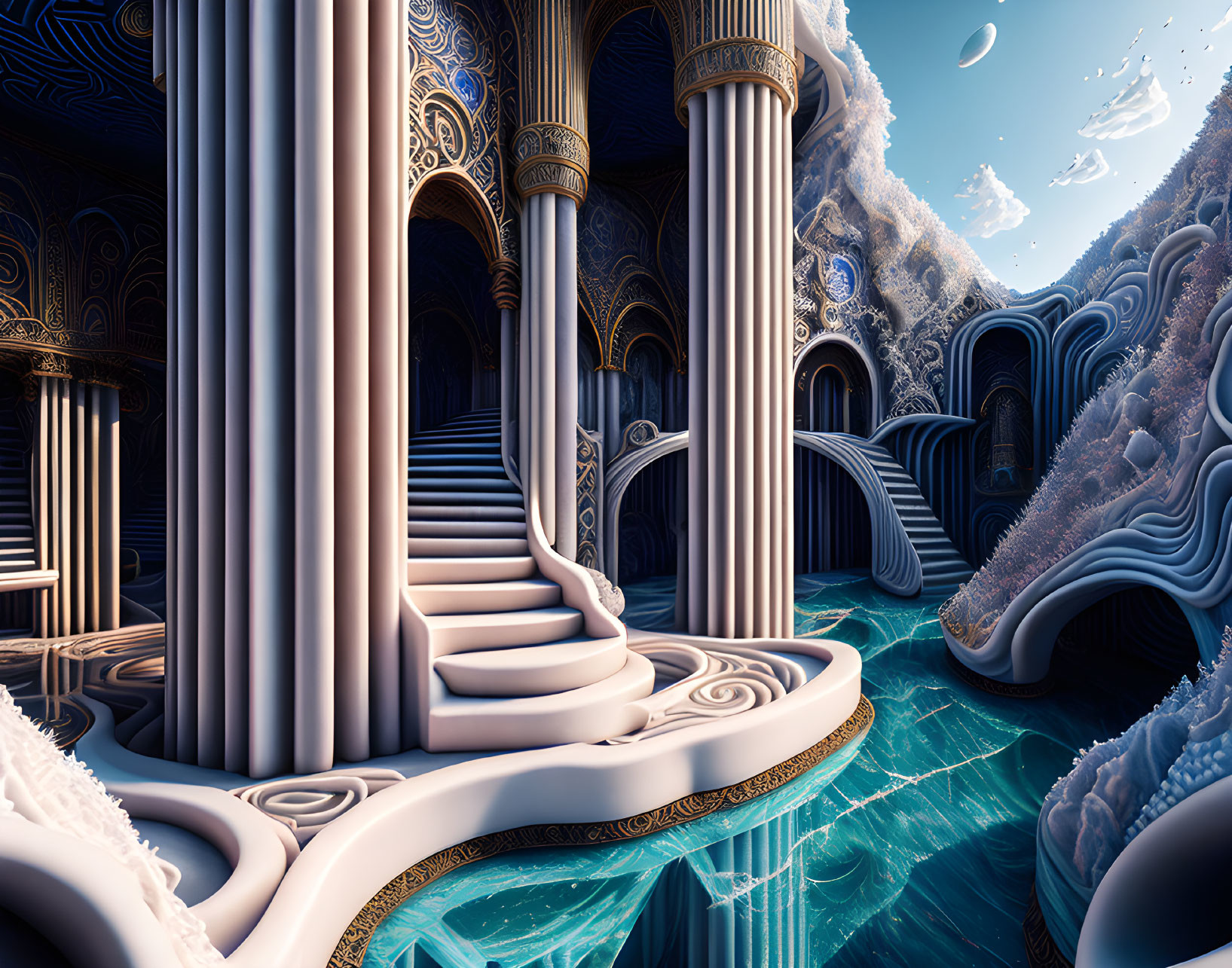 Whimsical surreal architecture with ornate pillars and staircases in serene landscape