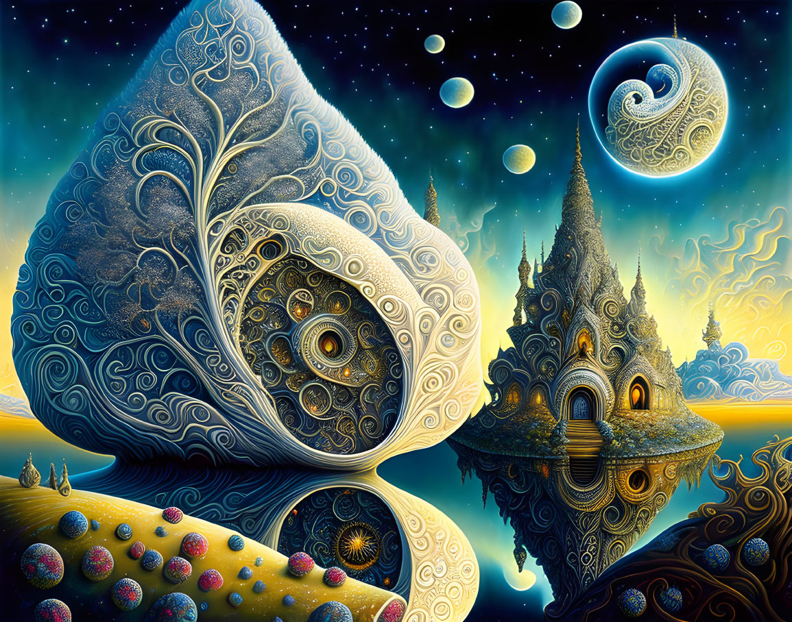 Surreal landscape with paisley-shaped structures, temples, water, and starry sky