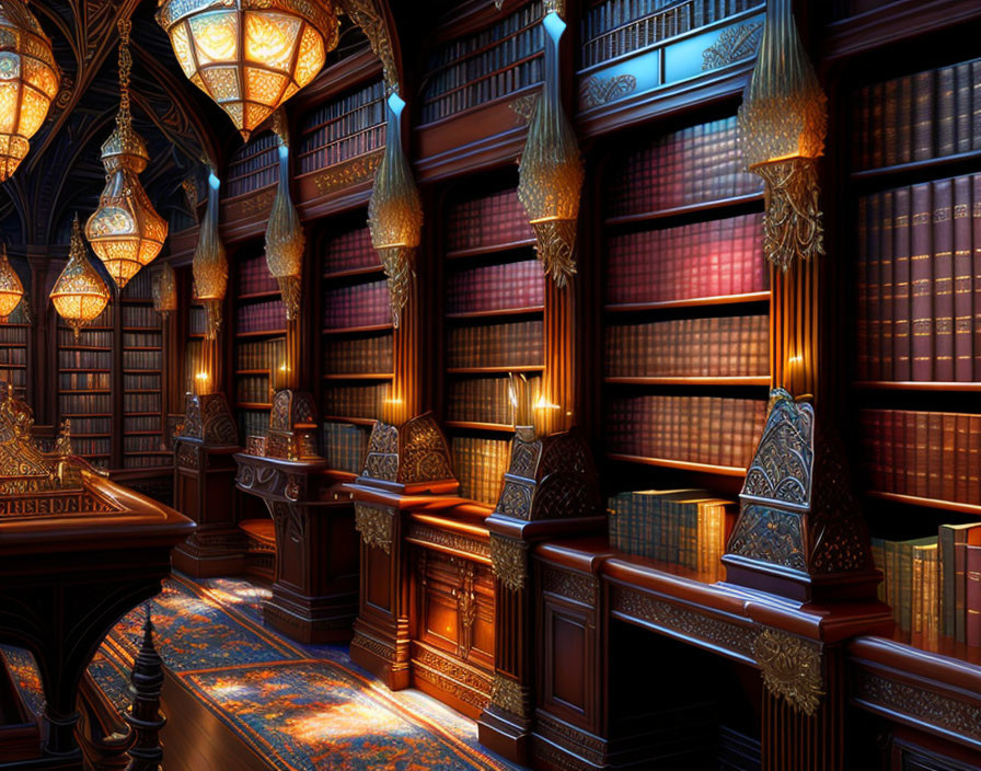 Luxurious library with dark wood shelves and golden lamps