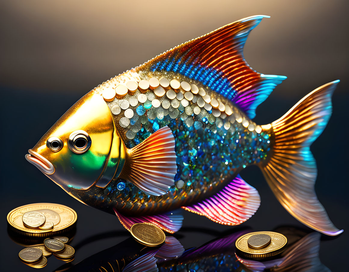 Golden Fish Sculpture with Iridescent Scales and Coins on Reflective Surface