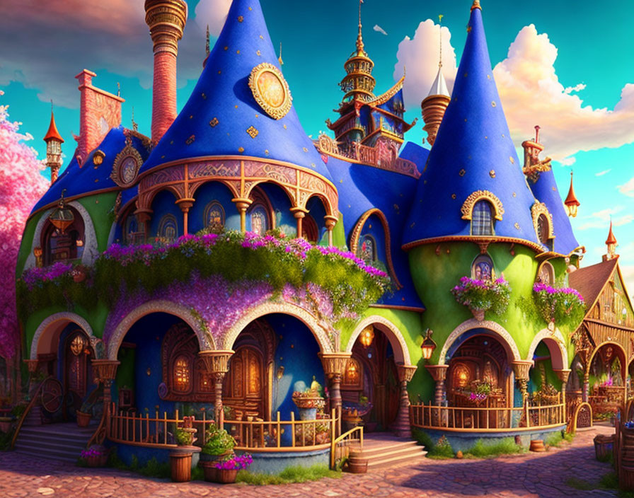 Fantasy village scene with vibrant houses and purple flowers under sunset sky