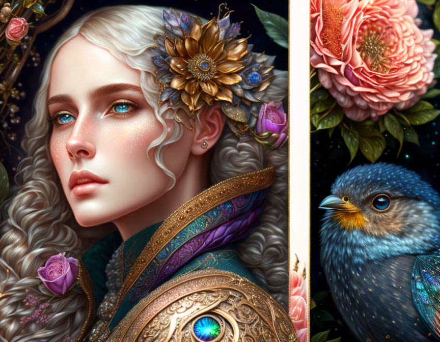 Digital artwork of fair-skinned woman with white hair and blue eyes with floral decorations beside detailed blue bird