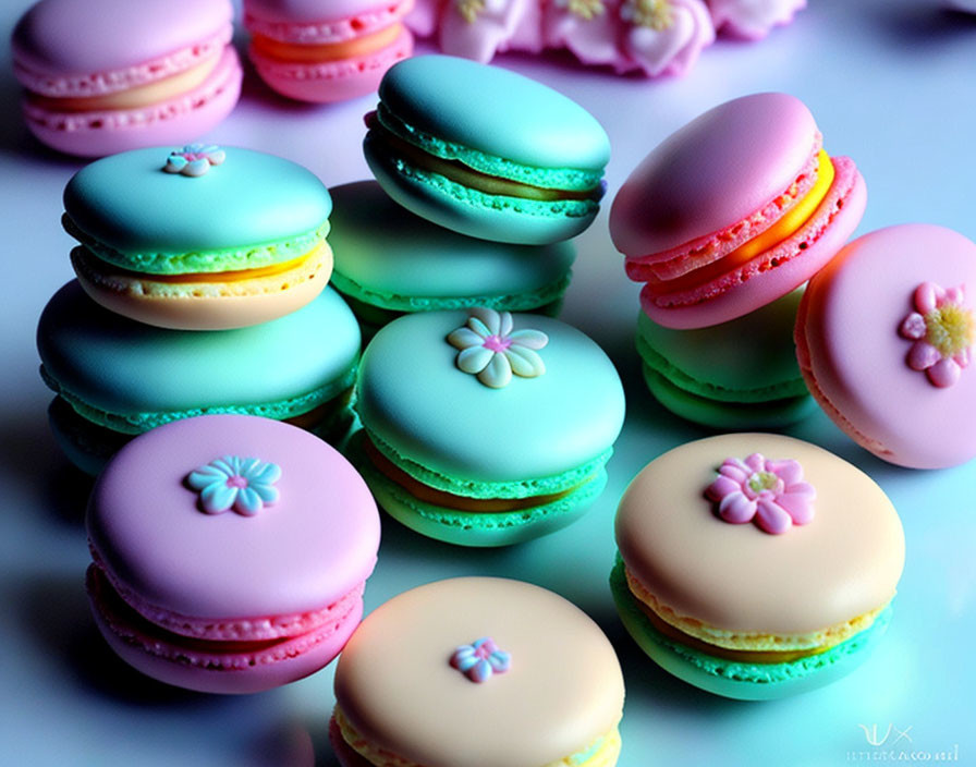 Pastel-colored macarons with icing flowers on reflective surface