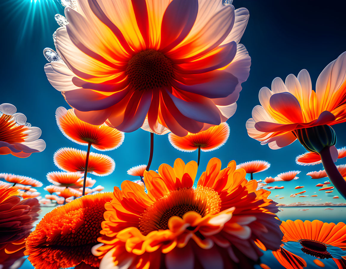 Vibrant Orange-Red Gerberas Against Blue Sky with Sun Rays - Surreal Scene