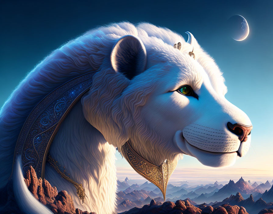 White lion with blue eyes and golden accessories in mountain landscape under crescent moon