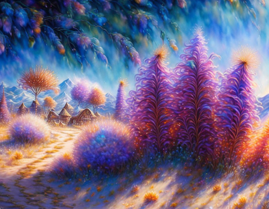 Colorful Painting of Fantastical Landscape with Purple Trees and Glowing Sky