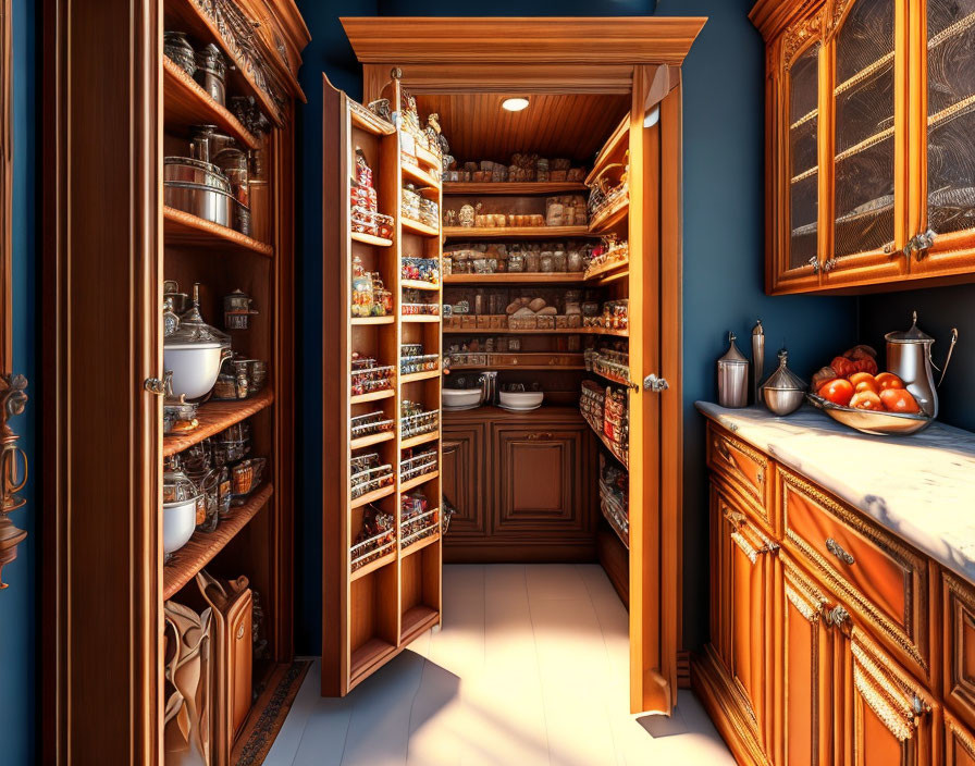 Wooden pantry with open shelves and kitchen essentials beside fresh fruits on countertop