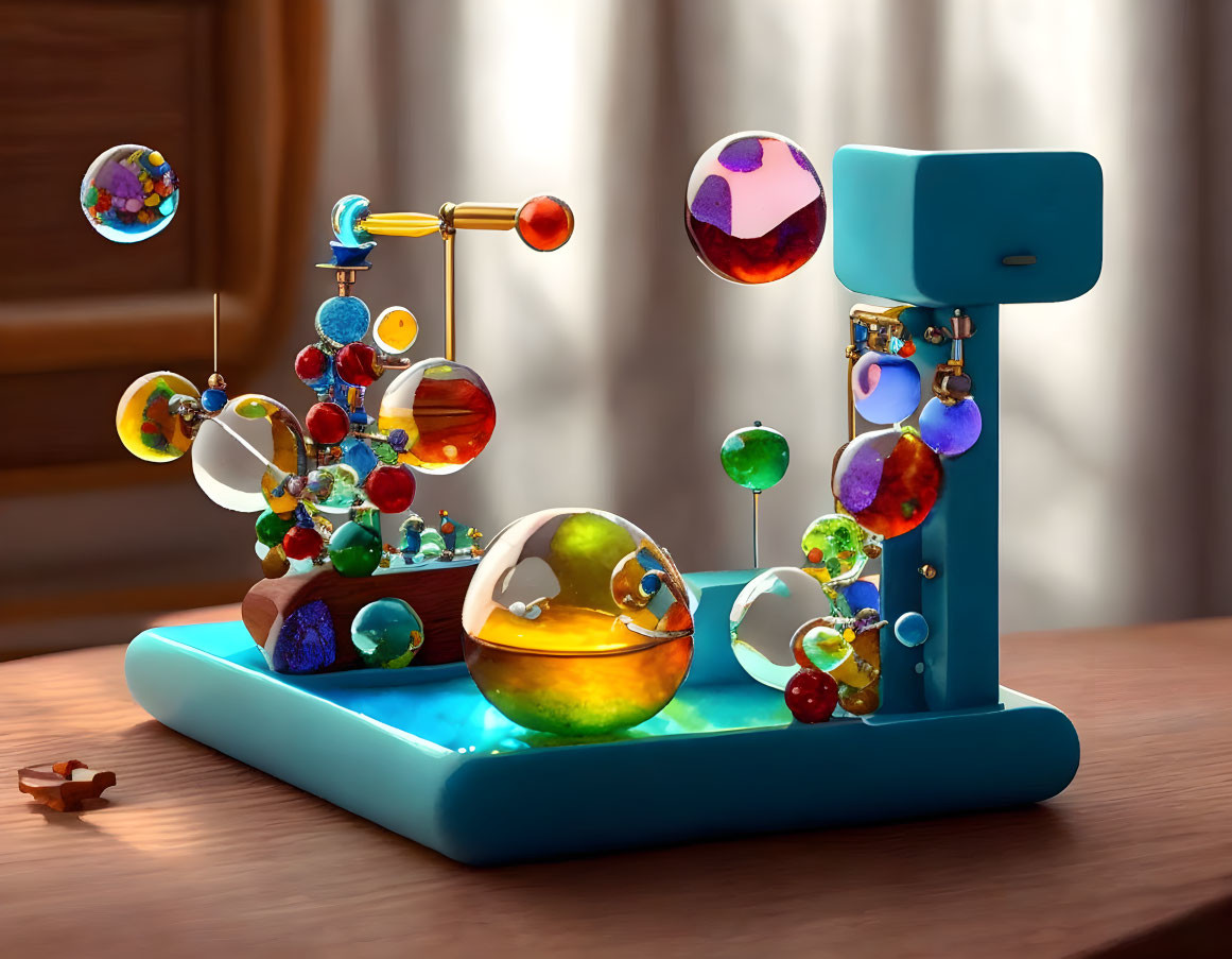 Vibrant digital artwork: whimsical perpetual motion machine with glass spheres