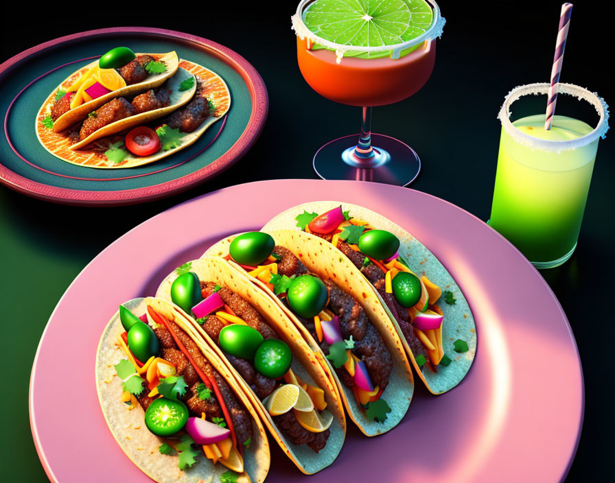 Colorful Tacos on Pink Plate with Lime Pairing and Cocktails