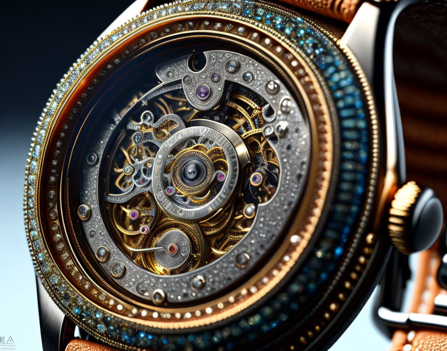 Detailed mechanical watch with exposed gears and jewel bearings on textured bezel.