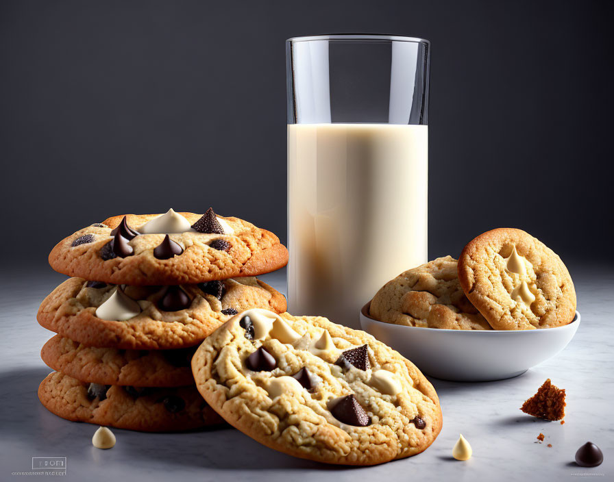 Glass of Milk with Chocolate Chip Cookies on Dark Surface