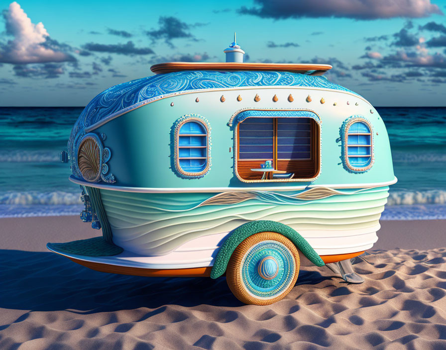 Ocean-themed caravan with surfboard on sandy beach