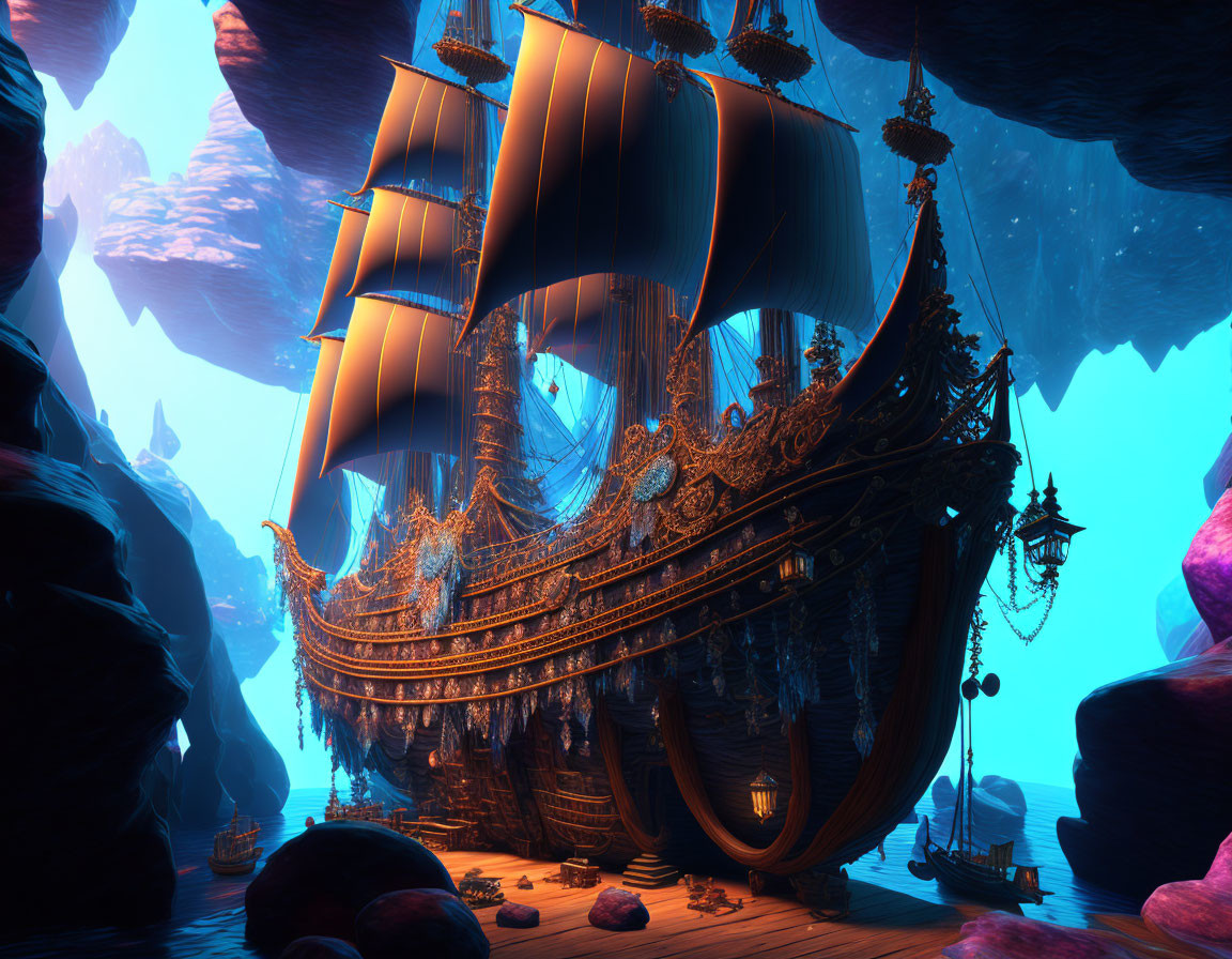 Golden galleon sailing in mystical blue cave with luminescent plants and floating rocks