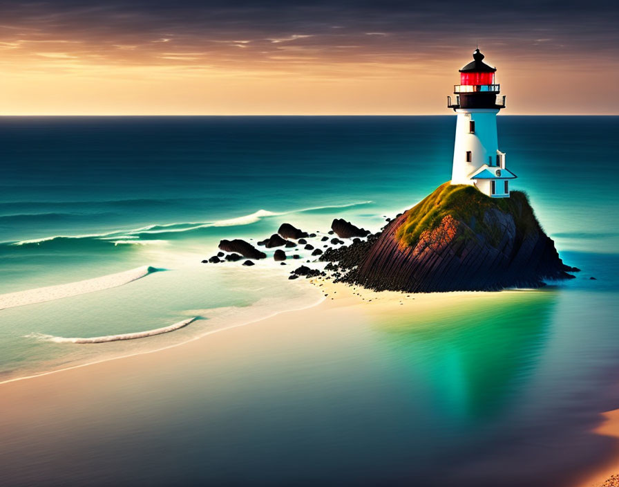 Tranquil coastal landscape with lighthouse, green hill, beach waves, and vibrant sunset glow