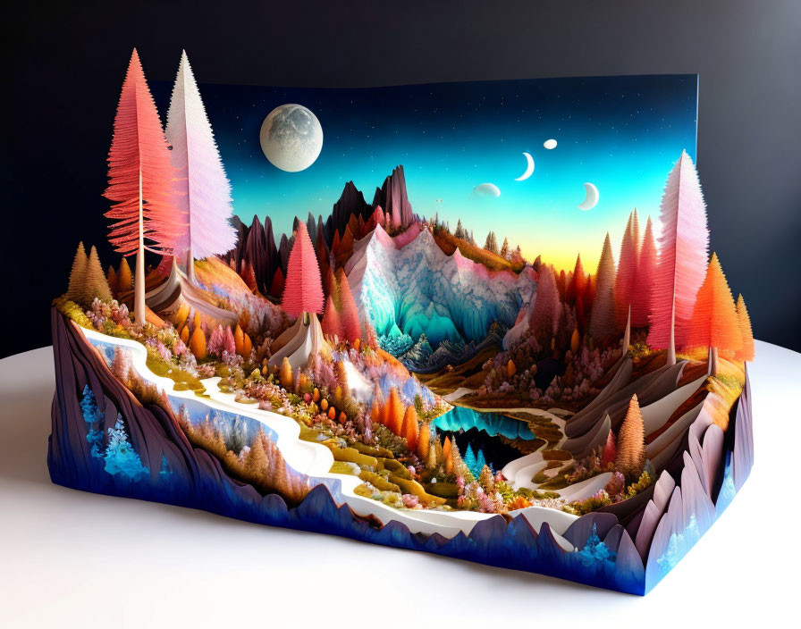 Colorful 3D pop-up book of fantastical landscape