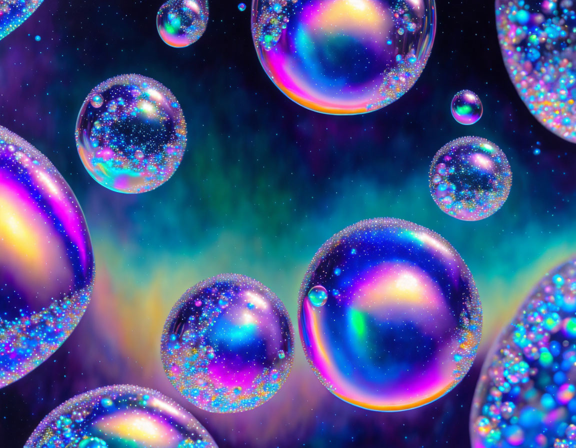 Colorful Soap Bubbles Drifting in Cosmic Starry Scene