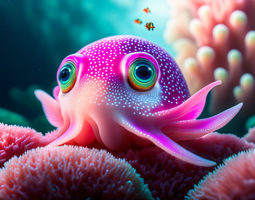 Colorful Stylized Image of Wide-Eyed Pink Fish on Coral