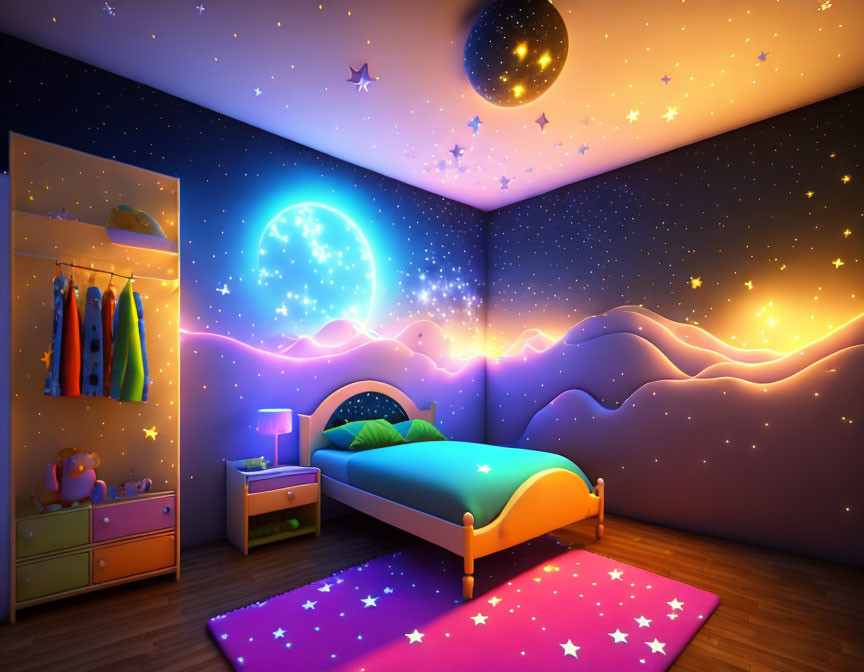 Vibrant Space-Themed Children's Bedroom with Glowing Stars and Planets