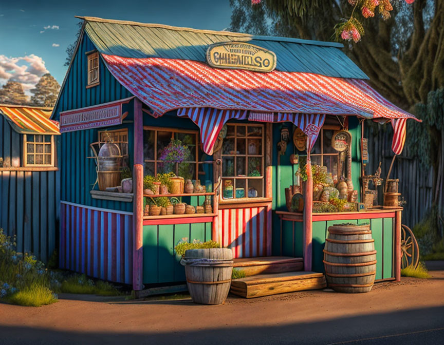 Colorful outdoor fruit stall with striped awning and wooden barrels under warm sunset