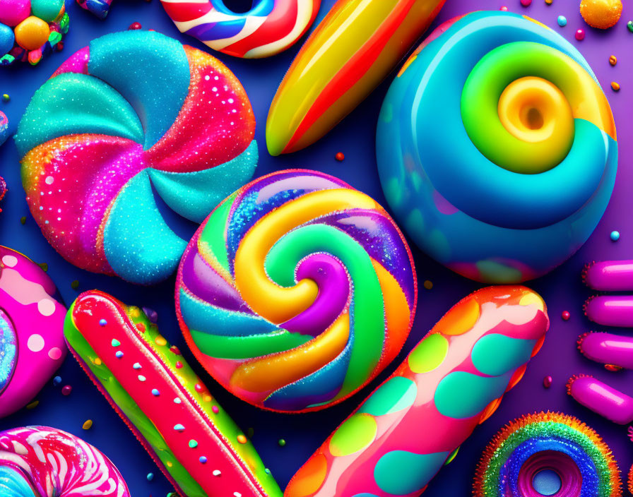 Vibrant 3D-rendered candies with glossy textures on blue background